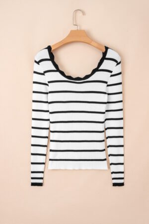 Black white Scalloped Trim U Neck Striped Ribbed Slim Sweater - Image 4