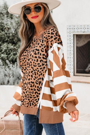 Khaki Stripe Color Block Patchwork Leopard Casual Sweatshirt with Slits - Image 2