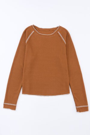Brown Textured Round Neck Long Sleeve Top - Image 5