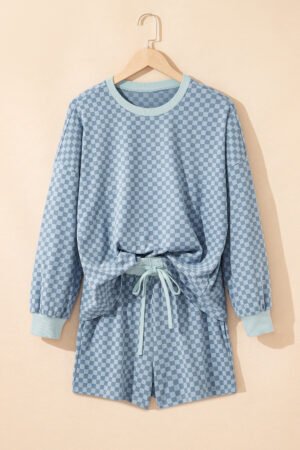 Sky Blue Checkerboard Long Sleeve Pullover and Shorts Set - Image 4