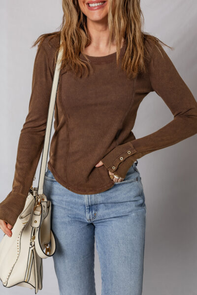 Coffee Exposed Seam Ribbed Long Sleeve Top