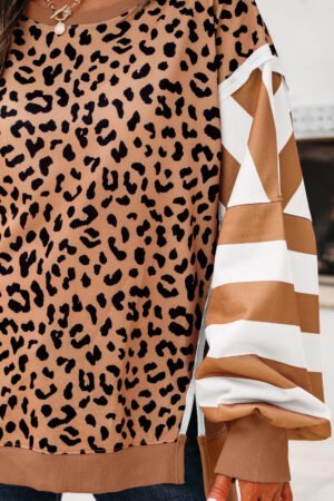 Khaki Stripe Color Block Patchwork Leopard Casual Sweatshirt with Slits - Image 5