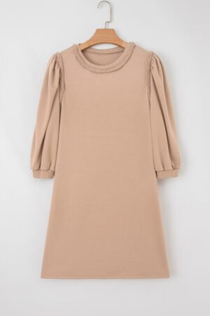 Light French Beige Braided Trim Puff Sleeve Dress - Image 6