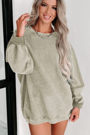 Green Solid Ribbed Knit Round Neck Pullover Sweatshirt - Image 3