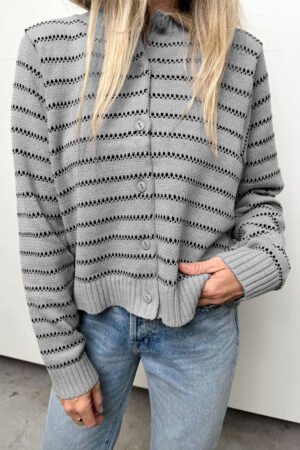 Gray Stripe Button Front Ribbed Trim Short Cardigan - Image 2