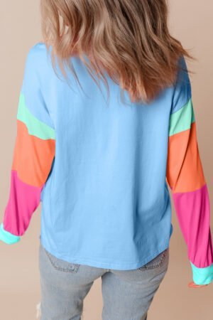 Dark Blue Colorblock Patchwork Long Sleeve Loose Top - Image 2