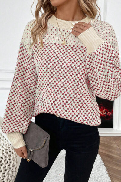 Red Contrast Color Pattern Lantern Sleeve Sweater