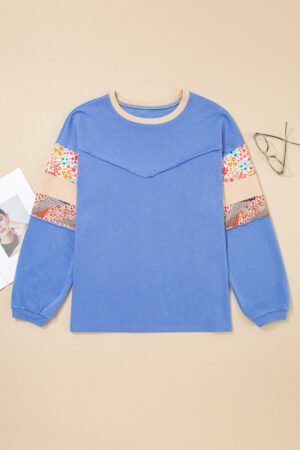 Blue Exposed Seam Floral Mixed Patchwork Relaxed Plus Size Sweatshirt - Image 6
