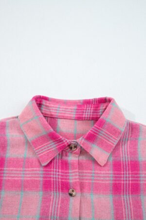 Sachet Pink Plaid Print Rounded Hem Long Sleeve Shirt with Pockets - Image 6