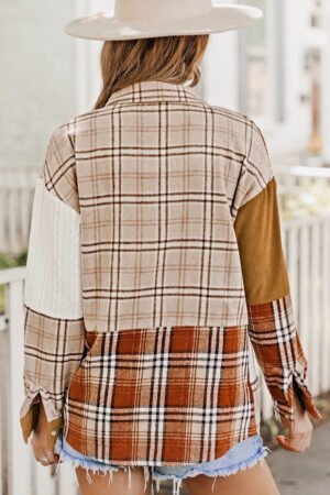 Alternative view of Orange Plaid Color Block Patchwork Shirt Jacket with Pocket