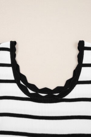 Black white Scalloped Trim U Neck Striped Ribbed Slim Sweater - Image 5