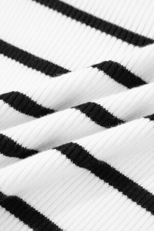 Black white Scalloped Trim U Neck Striped Ribbed Slim Sweater - Image 7