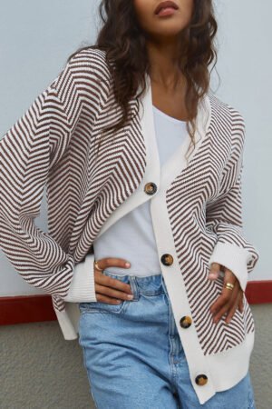 Brown Stripe Buttoned Front V Neck Herringbone Cardigan