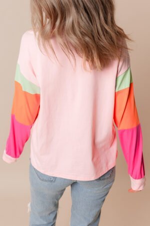 Pink Colorblock Patchwork Long Sleeve Loose Top - Image 2