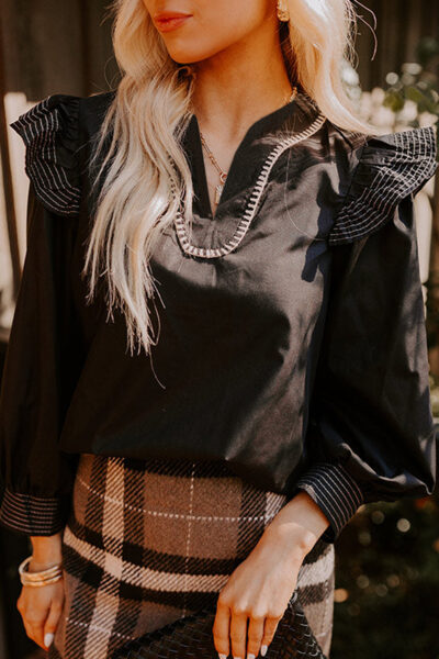 Black Contrast Stitched Detail V Neck Ruffle Long Sleeve Blouse