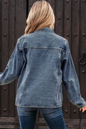 Sail Blue Scallop Trim Collar Patched Pocket Button Up Denim Jacket - Image 2