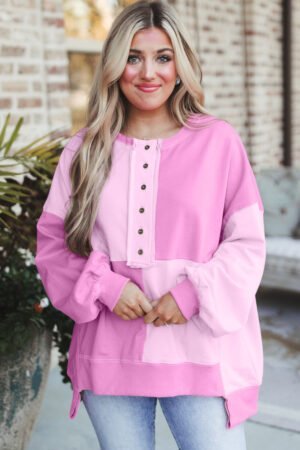 Pink Colorblock Henley High Low Oversize Sweatshirt - Image 5