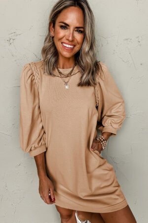 Light French Beige Braided Trim Puff Sleeve Dress - Image 4
