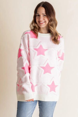 Sachet Pink Oversized Cute Star Pattern Ribbed Edge Drop Shoulder Sweater - Image 3