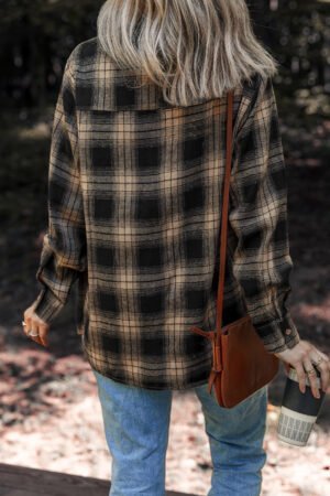 Multicolour Retro Plaid Double Flap Pocket Brushed Shacket - Image 2