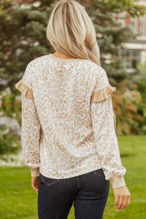 Khaki Leopard Ruffle Detail Ribbed Trim Round Neck Sweatshirt - Image 3