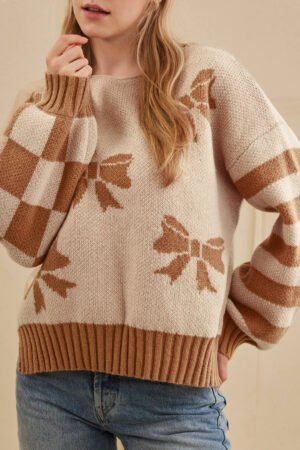 Straw Yellow Ribbon Bow Print Checkered Striped Sleeve Drop Shoulder Sweater