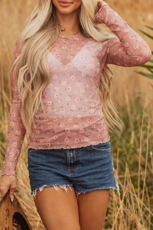 Pink Vintage Floral Print Southern Style Mesh Long Sleeve Top - Image 6