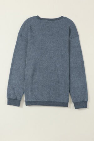 Blue Solid Ribbed Knit Round Neck Pullover Sweatshirt - Image 4