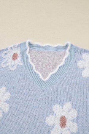 Gray Fuzzy Flower Scalloped V Neck Plus Sweater - Image 8