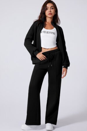 Black Drop Shoulder Zip Up Jacket Drawstring Pants Active 2pcs Set - Image 3