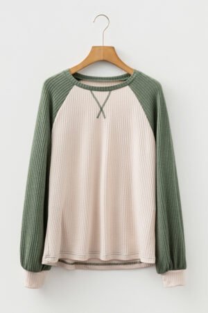 Mist Green Waffle Color Block Raglan Sleeve Top - Image 3