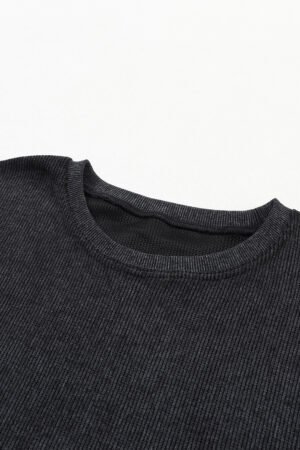 Black Solid Ribbed Knit Round Neck Pullover Sweatshirt - Image 8