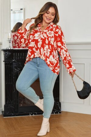 Red Plus Size Floral Print Loose Button Up Shirt - Image 5