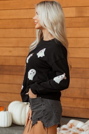 Black Sequin Cute Bow Ghost Graphic Crew Neck Halloween Sweatshirt - Image 8
