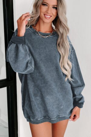 Blue Solid Ribbed Knit Round Neck Pullover Sweatshirt - Image 2