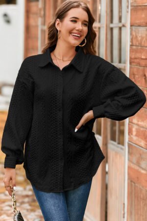Black Cable Texture Puff Sleeve Loose Shacket - Image 4