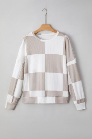 Khaki Checkered Print Breathable Textured Long Sleeve Top - Image 3