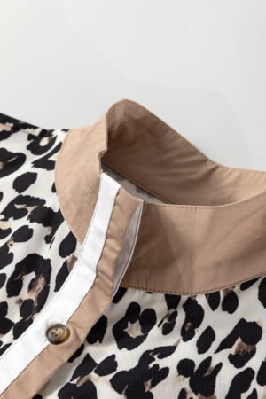 Multicolour Button Striped Collar Leopard Print Long Sleeve Flared Dress - Image 8