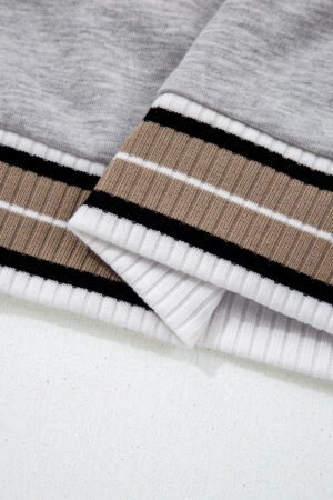 Gray Varsity Contrast Striped Trim V Neck Sweatshirt - Image 9