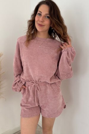 Fushia Solid Color Textured Knit Drop Shoulder Pullover Drawstring Shorts Set - Image 6