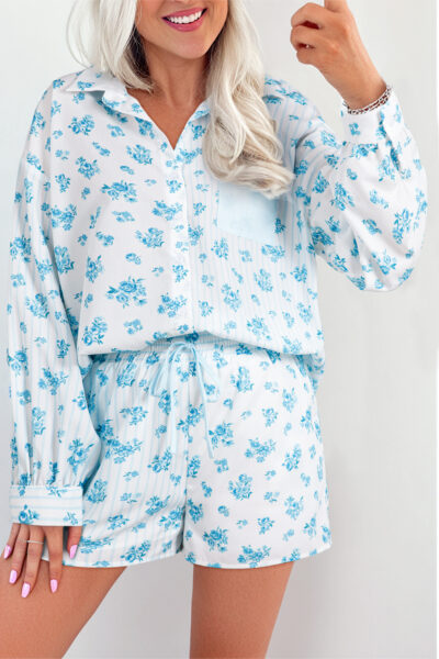 Sky Blue Floral Striped Print Contrast Patched Pocket Shirt and Shorts Set