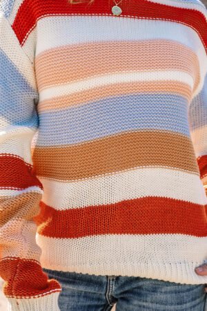 Pink Striped Colorblock Round Neck Drop Shoulder Sweater - Image 18