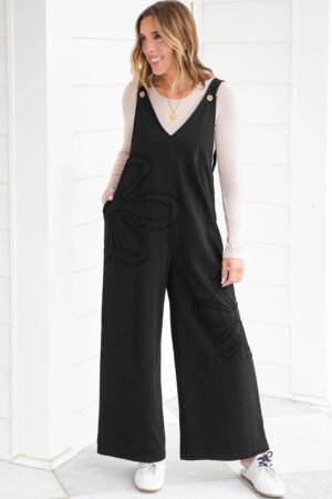 Black Solid Color Raw Seam Big Flower Patched Loose Overall Jumpsuit - Image 3