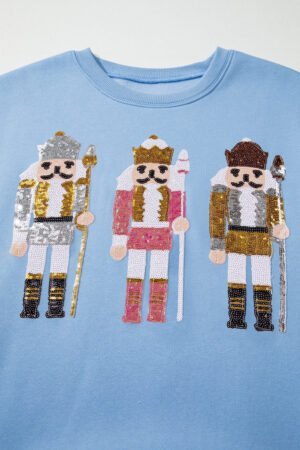 Beau Blue Sequin Nutcracker Textured Sleeve Patchwork Color Block Sweatshirt - Image 8