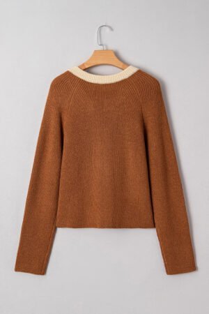 Chestnut Contrast Knit V Neckline Short Cardigan - Image 5