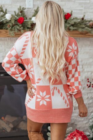 Pink Candycane Snowflake Checker Christmas Holiday Drop Shoulder Tunic Loose Sweater - Image 11