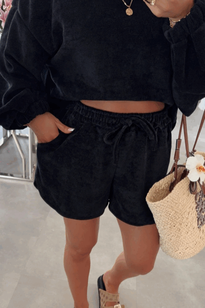 Black Solid Color Textured Knit Drop Shoulder Pullover Drawstring Shorts Set