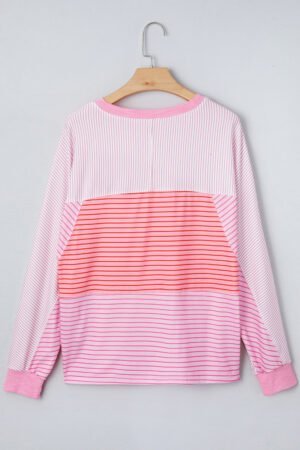 Sachet Pink Striped Colorblock Exposed Seam Casual Long Sleeve Top - Image 5