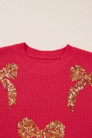 Fiery Red Sequin Bow Accent Drop Shoulder Festive Sweater - Image 7