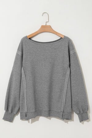 Gray Waffle knit Bishop Sleeve Split Oversized Top - Image 6